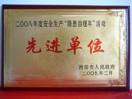 2009年2月，，被西安市人民政府评为2008年度清静生产“隐患治理年”运动先进单位